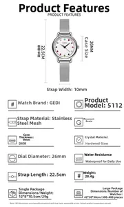 Detailed specs of GEDI quartz watch with silver mesh strap and colorful dial markers