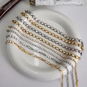 Stainless Steel Tennis Bracelet Heart Round Cubic Zirconia Inlay Paperclip Link Chain Elegant Jewelry For Women