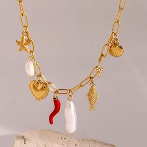 Collier En Acier Inoxydable Plqué Or Avec Pendentifs Étoile De Mer Coeur Coquillage Poisson Éclair Künstliche Perle Femme
