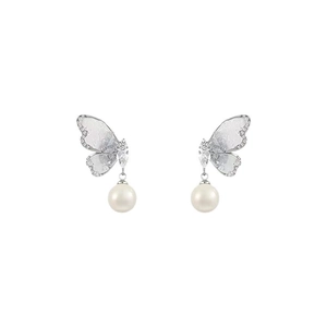 Elegant silver butterfly earrings with sparkling cubic zirconia and dangling pearls