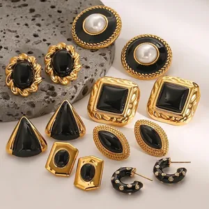Vintage Geometric Earrings Stainless Steel Black Enamel Gold Plated Waterproof Hypoallergenic French Style Fashion Jewelry For Women