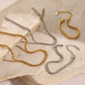 18K Gold Plated Stainless Steel Twisted Rope Chain Bracelet And Necklace Minimalist Waterproof Jewelry For Women Men