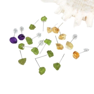 Irregular natural raw gemstone stud earrings set in turquoise and amethyst stones