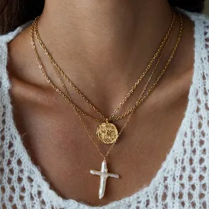 Double Layer Necklace Stainless Steel Freshwater Pearl Cross Pendant Bee Coin Gold Plated Fashion Jewelry For Women