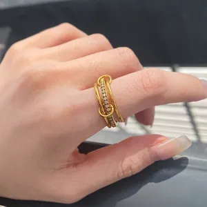 Stainless Steel Interlocking Rings For Women Gold Plated Multilayer Pavé Zirconia Chic Hypoallergenic Jewelry Gift