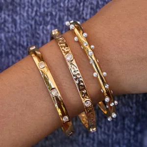 Stainless Steel Bangle Bracelet Gold Plated Hammered Texture With Cubic Zirconia And Imitation Artificial Pearl Fashion Jewelry For Women