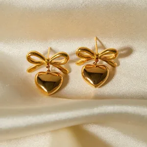 French Elegant Stainless Steel Bow Heart Drop Earrings Two Tone Gold Silver Bowknot Heart Dangle Earrings Jewelry For Women