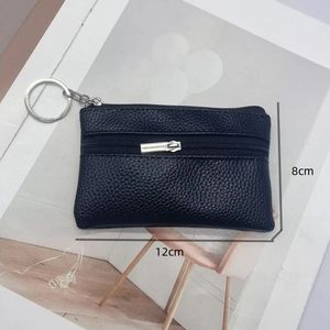 Mini portamonete in pelle nera con doppia cerniera, portachiavi e dimensioni di 12x8cm
