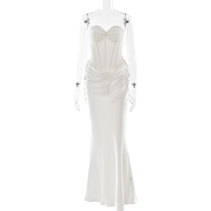 Detail of white corset maxi dress with boning structure and side ruched satin skirt