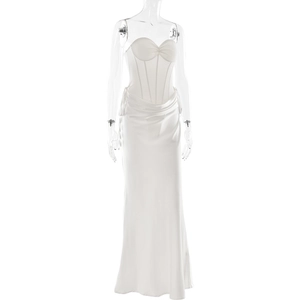 Detail of white satin evening dress featuring a boned corset waist and smooth silky finish