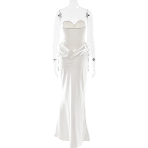 Detail of elegant white strapless evening dress with draped waist folds and satin finish