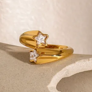 Stainless Steel Double Star Adjustable Open Ring With Clear Cubic Zirconia Gold Plated Minimalist Jewelry For Women