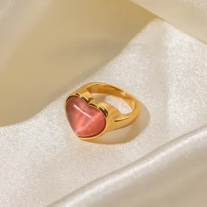 Bague Coeur en Acier Inoxydable Plaqué Or 18K Style Ins pour Femmes Pierre Oeil de Chat Rose Bijoux de Luxe Élégants