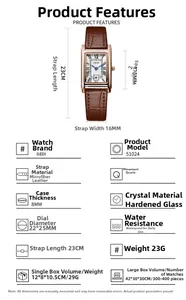 Detailed specs of the vintage rectangular quartz watch with brown leather strap