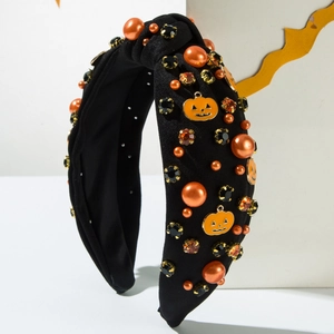 Halloween-Haarreif mit Knoten, orangen Perlen, schwarzen Strasssteinen und Kürbis-Deko