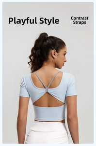 Détail du dos papillon avec des sangles croisées grises sur le haut de yoga bleu clair