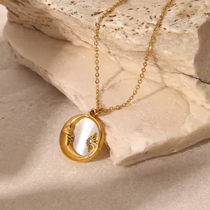 Stainless Steel Necklace 18K Gold Plated Natural Mother Of Artificial Pearl Star Moon Round Pendant Vintage For Women