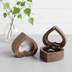 Handcrafted heart-shaped black walnut wood ring box with transparent window and velvet lining