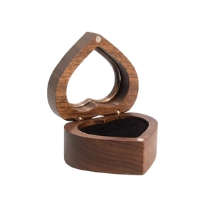 Heart shaped walnut wood ring box with interior mirror and black velvet lining