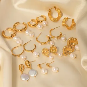 Elegant Freshwater Pearl Drop Earrings For Women Stainless Steel Gold Plated Geometric C Shape Vintage Style Jewelry