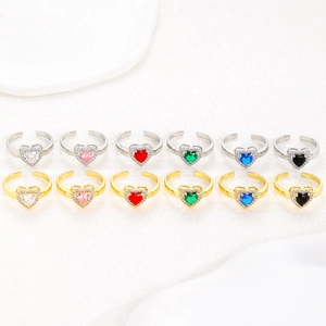 Adjustable heart-shaped zircon rings in multiple colors with gold and silver finishes