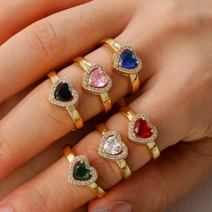 Adjustable heart shaped zircon rings set in six vibrant colors with gold plating