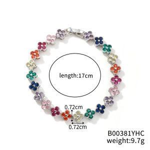 Colorful four-leaf clover bracelet with 20 multicolored zircon stones in gold plating
