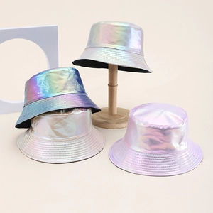 Detailed view of iridescent laser fabric bucket hat with multi-row reinforced stitching