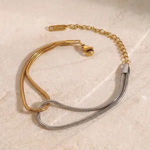 Stainless Steel Two-tone Snake Chain Bracelet For Women Gold Silver Electroplated Double Layer Minimalist Adjustable Jewelry Gift