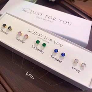Set of five pairs of 5mm colorful zircon stud earrings in a white gift jewelry box