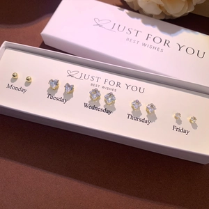 Detailed gift box set featuring five pairs of S925 silver heart and cat stud earrings
