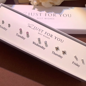 Close-up of five-pair S925 silver stud earring set in a white 'Just For You' gift box
