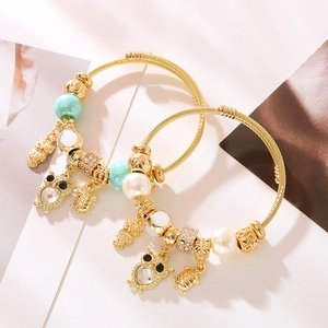 Twisted Cable Charm Bracelet Alloy Stainless Steel With Owl Turtle Pendants Rhinestone Ceramic Beads Bohemian Jewelry Women