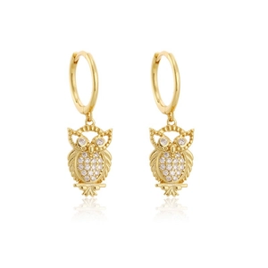 S925 sterling silver gold owl drop hoop earrings with sparkling white crystals for women