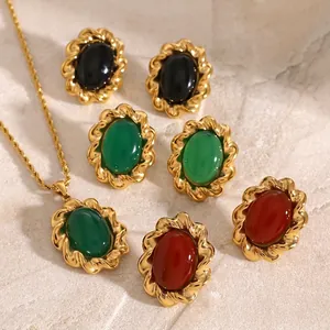 Vintage Stainless Steel Earrings For Women French Retro Gold Plated Oval Agate Resin Waterproof Hypoallergenic Jewelry