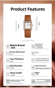 Detail view of GEDI L-51035 watch with rose gold case and brown quilted leather strap