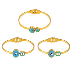 Bohemian gold titanium steel bangles with evil eye enamel and turquoise inlay stones