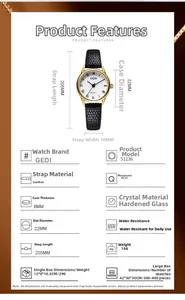 Spécifications d'une montre vintage en or avec bracelet mince en cuir noir texturé