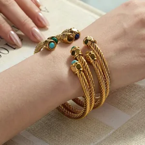 Stainless Steel Twisted Cable Open Bangle For Women Gold Silver Plated Natural Stone Ends Retro Fashion Cuff Bracelet Jewelry