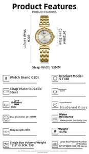 Detailed size chart for the GEDI women's quartz watch showing case and strap dimensions