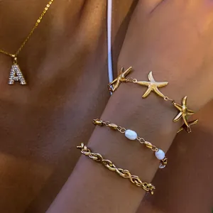 Stainless Steel Gold Plated Starfish Bracelet Rhinestone Letter A Pendant Necklace And Imitation Freshwater Pearl Jewelry For Women