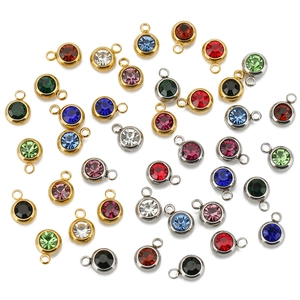 Round Birthstone Charms Pendants 304 Stainless Steel Rhinestone Inlaid For DIY Jewelry Making Necklace Bracelet Accessory