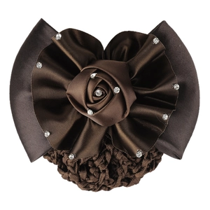 Brown satin rose hair bun cover net with sparkling rhinestones for flight attendants