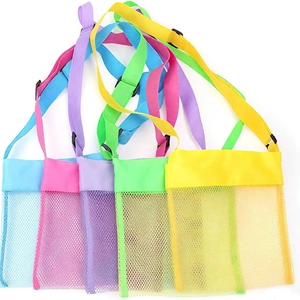Mesh beach toy storage bags in five bright colors with adjustable shoulder straps