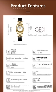 Technical specifications chart of GEDI vintage square quartz watch for women with leather strap