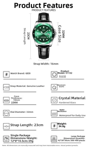 Detailed specification chart for quartz watch with leather strap and 32mm green dial