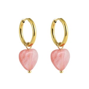 18K gold plated hoop earrings featuring natural pink quartz stone heart-shaped pendants