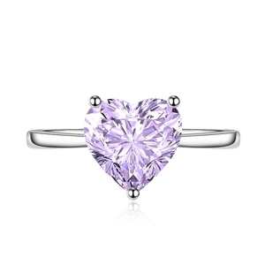 Elegant silver open ring with a heart-shaped purple zircon stone on a white background