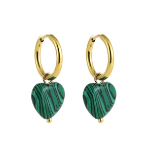 Detail of 18K gold-plated huggie earrings with heart-shaped malachite stone pendants