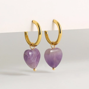 Fashionable 18K gold plated hoop earrings featuring natural purple heart stone pendants